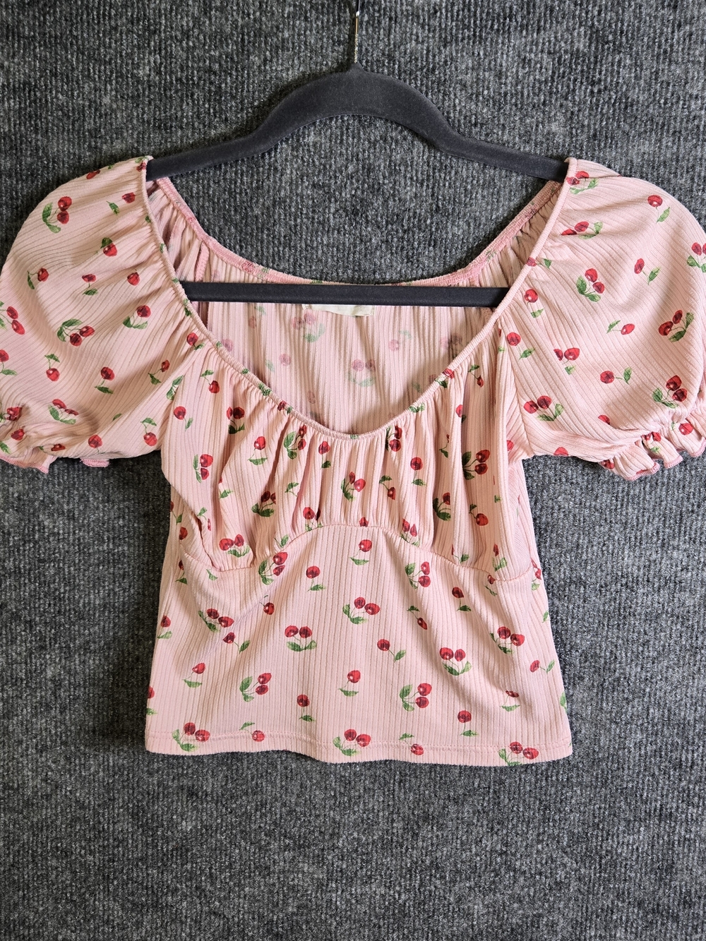 Altar'd State T Shirt Women S Pink Cherries Puff Sleeve Baby Doll Cropped Dainty